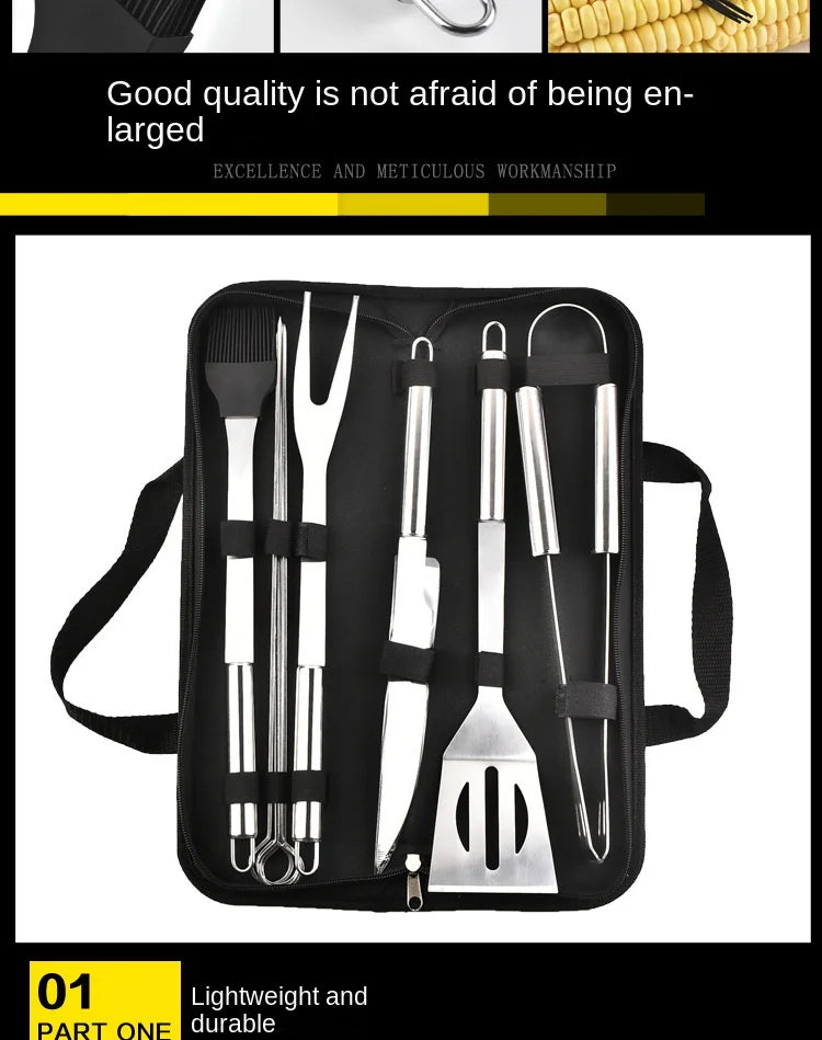 Conjunto de utensílios para churrasco em aço inoxidável – Conjunto portátil para churrasco ao ar livre com bolsa de armazenamento para grelhar e assar