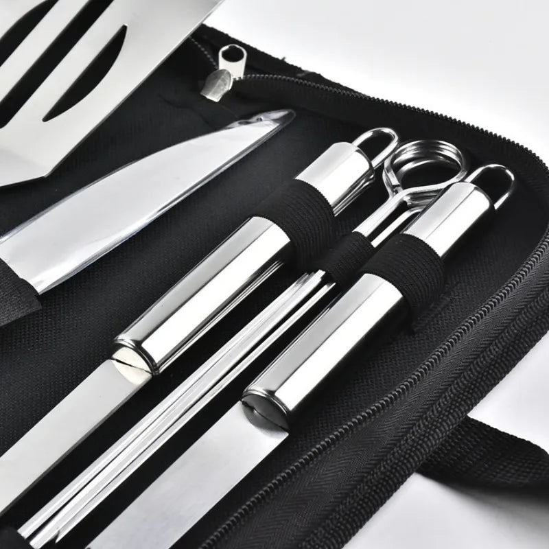 Conjunto de utensílios para churrasco em aço inoxidável – Conjunto portátil para churrasco ao ar livre com bolsa de armazenamento para grelhar e assar