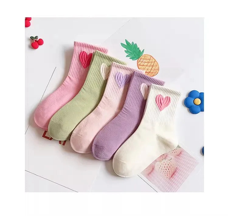 5 Pares de Meias Infantis – Macias, Respirável e Antirrugas, Com Estampa de Coração para Crianças