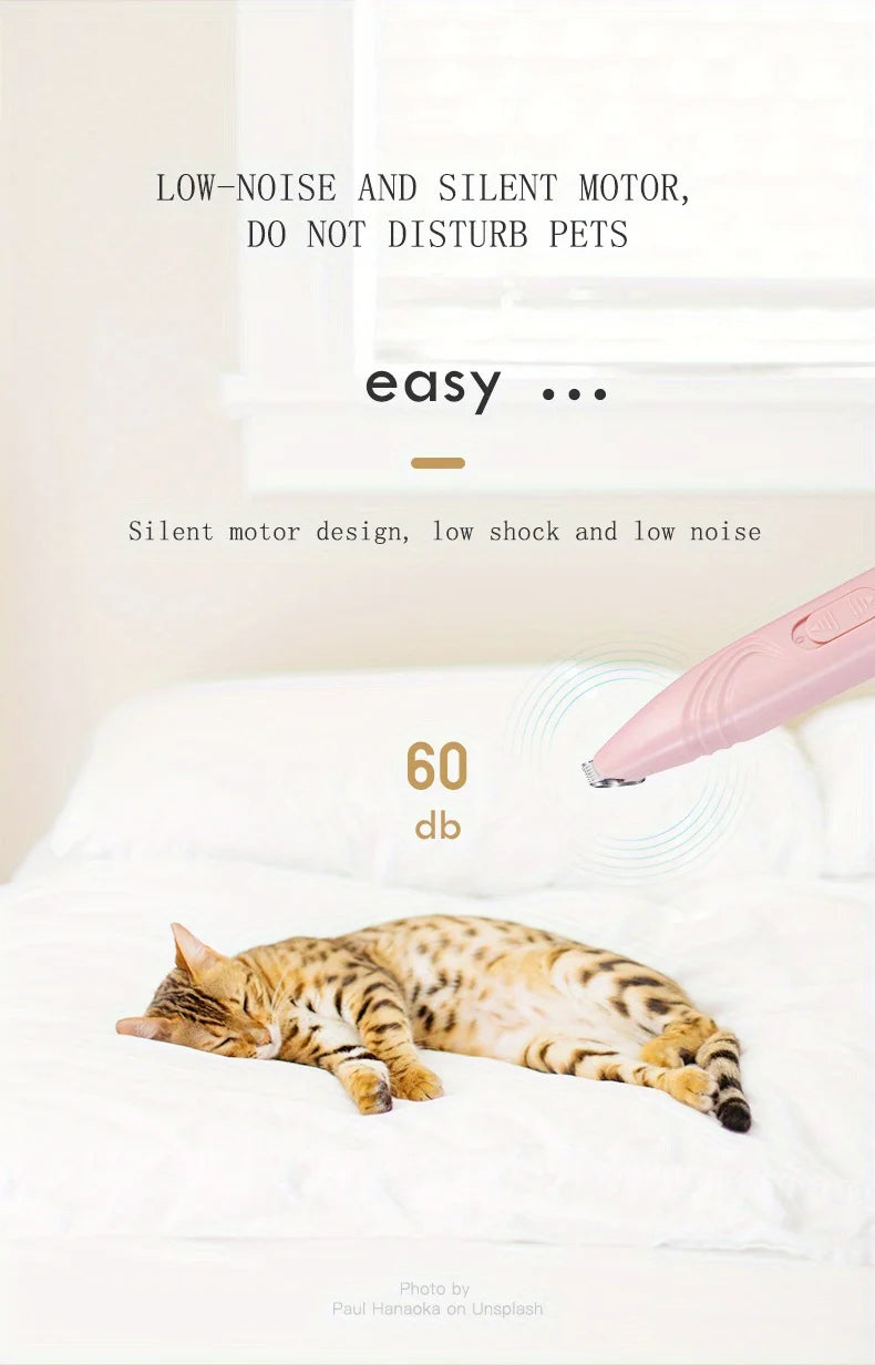 Aparador Elétrico para Pets – Cortador de Pelos Silencioso 360°, Recarregável via USB, para Patas de Cães e Gatos