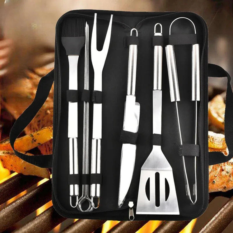 Conjunto de utensílios para churrasco em aço inoxidável – Conjunto portátil para churrasco ao ar livre com bolsa de armazenamento para grelhar e assar