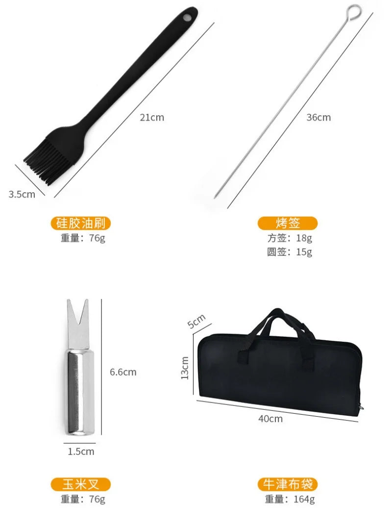 Conjunto de ferramentas combinadas para churrasqueira em aço inoxidável Churrasqueira ao ar livre Conjunto para churrasqueira Bolsa de tecido portátil para armazenamento Conjunto de ferramentas para assar
