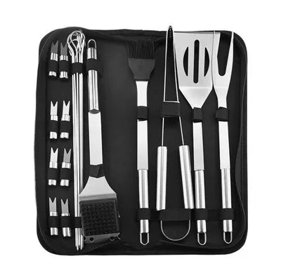 Conjunto de utensílios para churrasco em aço inoxidável – Conjunto portátil para churrasco ao ar livre com bolsa de armazenamento para grelhar e assar