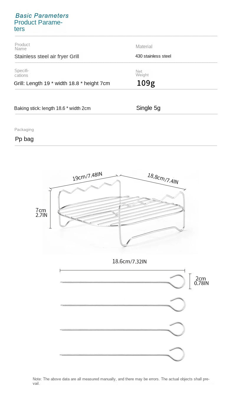 Conjunto para churrasco ao ar livre – espetos de aço inoxidável, grelha quadrada e fritadeira a ar quente com suporte para churrasco