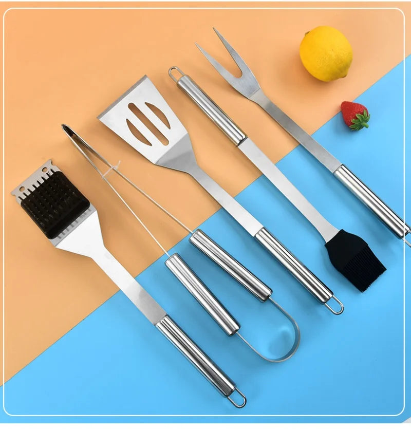 Conjunto de ferramentas combinadas para churrasqueira em aço inoxidável Churrasqueira ao ar livre Conjunto para churrasqueira Bolsa de tecido portátil para armazenamento Conjunto de ferramentas para assar