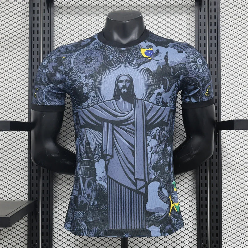 Camisa de Treino de Futebol Brasil – Edição Especial Jesus, Preta e Cinza, Adulto e Infantil, Secagem Rápida