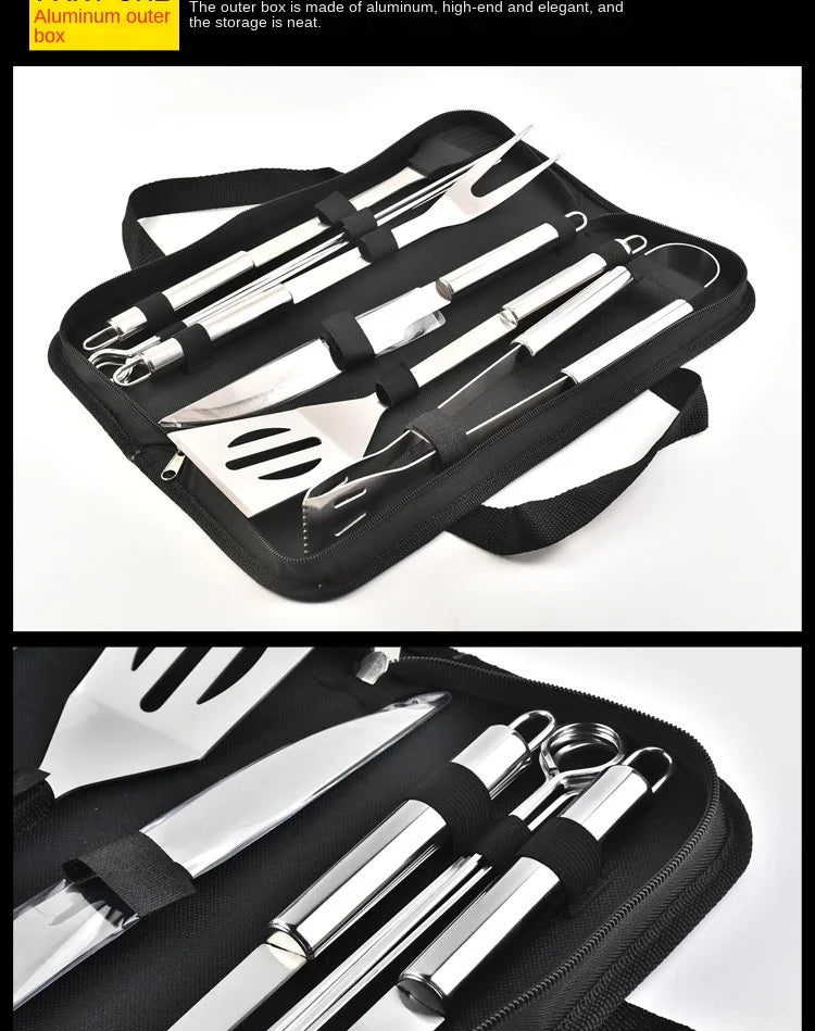Conjunto de utensílios para churrasco em aço inoxidável – Conjunto portátil para churrasco ao ar livre com bolsa de armazenamento para grelhar e assar