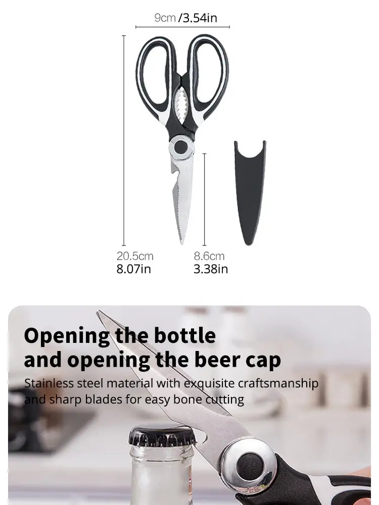 Tesoura Multifuncional de Aço Inox – Corte de Frango, Peixe, Nozes e Abridor de Garrafas para Cozinha