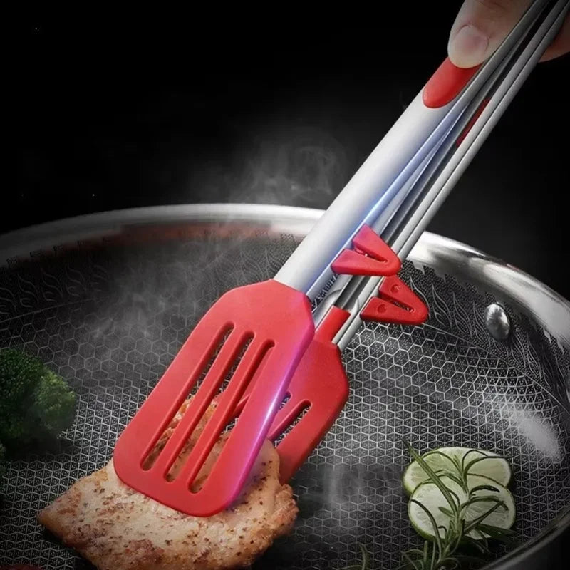 Clipe para alimentos em silicone vermelho de 9 polegadas com suporte – resistente ao calor, pinça para cozinha e churrasco anti-queimaduras