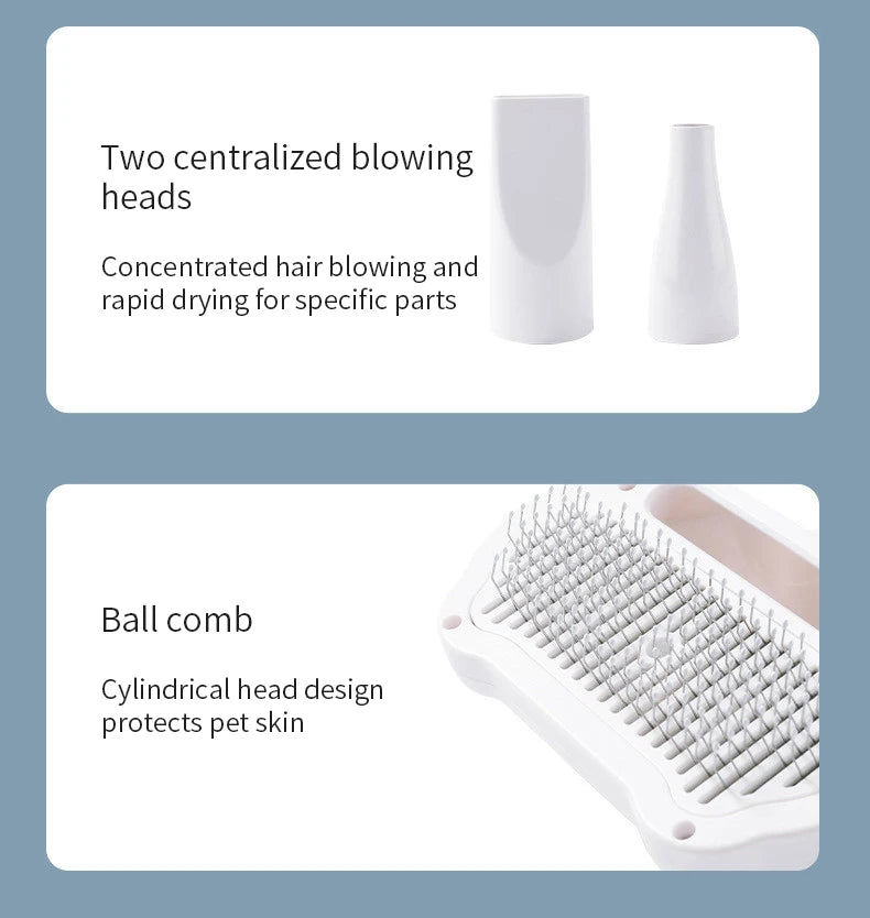 Kit 3 em 1 para Pets – Secador Silencioso para Cães com Escova, Pente para Gatos e Cães, Baixo Ruído e Controle de Temperatura