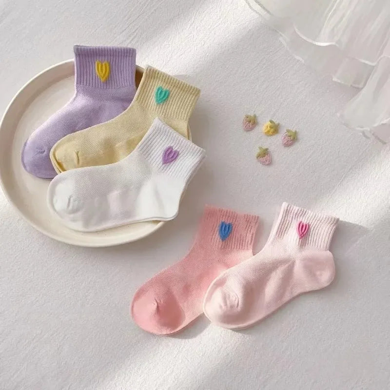 5 Pares de Meias Infantis – Macias, Respirável e Antirrugas, Com Estampa de Coração para Crianças