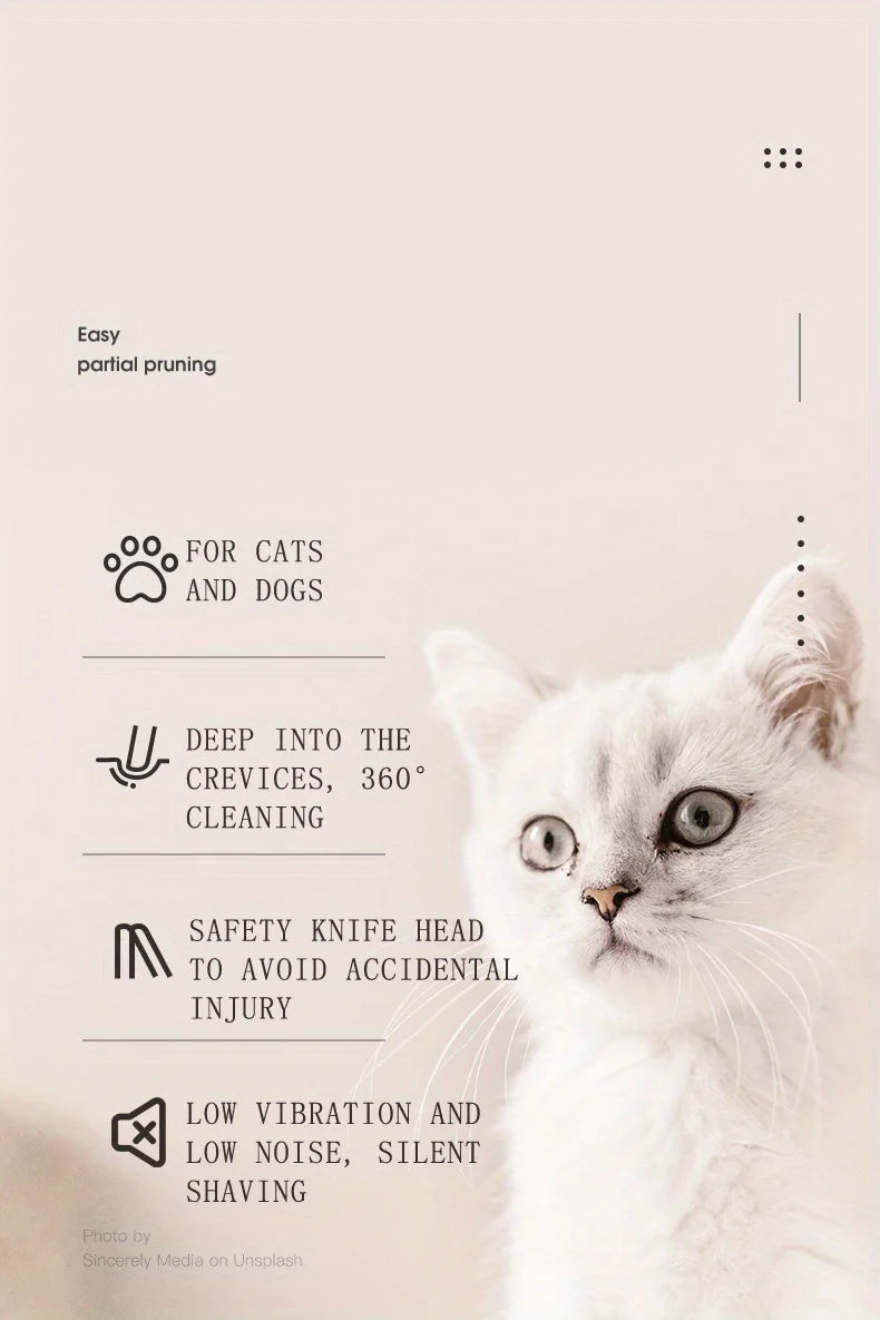 Aparador Elétrico para Pets – Cortador de Pelos Silencioso 360°, Recarregável via USB, para Patas de Cães e Gatos
