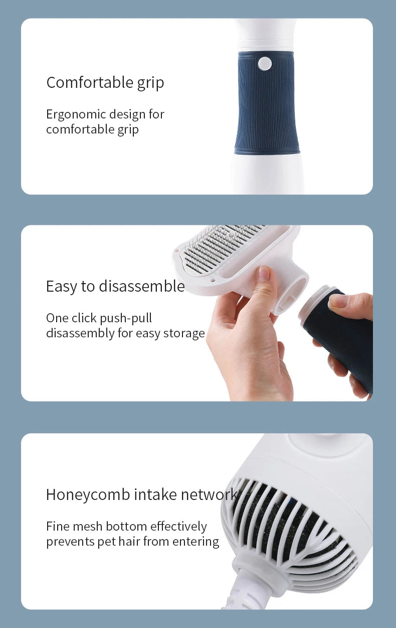 Kit 3 em 1 para Pets – Secador Silencioso para Cães com Escova, Pente para Gatos e Cães, Baixo Ruído e Controle de Temperatura