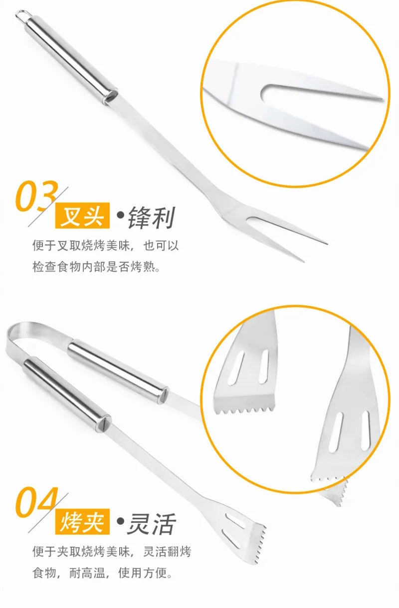 Conjunto de ferramentas combinadas para churrasqueira em aço inoxidável Churrasqueira ao ar livre Conjunto para churrasqueira Bolsa de tecido portátil para armazenamento Conjunto de ferramentas para assar