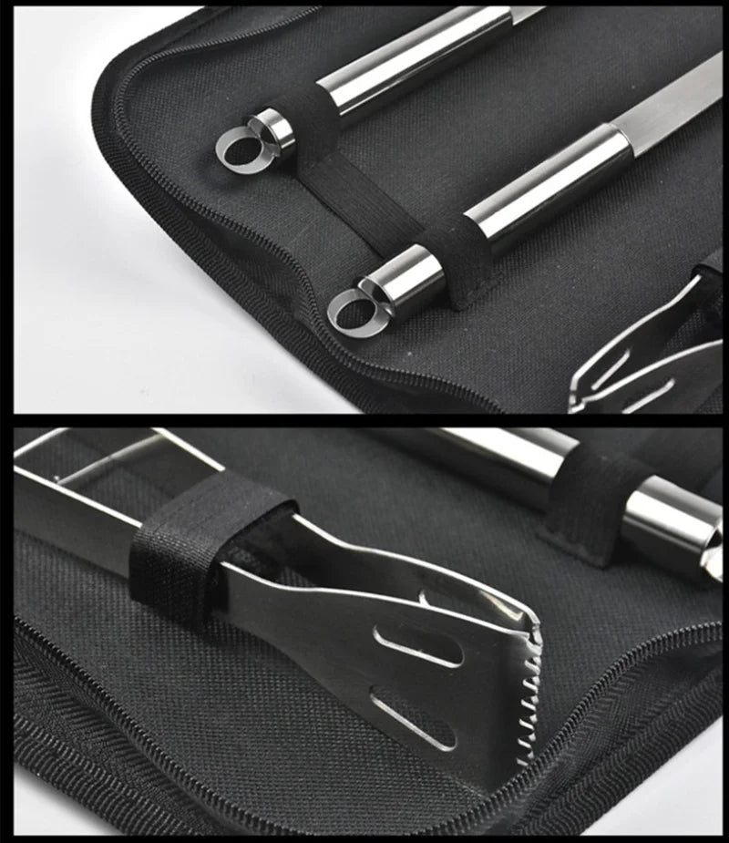 Conjunto de ferramentas combinadas para churrasqueira em aço inoxidável Churrasqueira ao ar livre Conjunto para churrasqueira Bolsa de tecido portátil para armazenamento Conjunto de ferramentas para assar