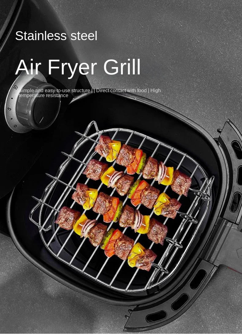 Conjunto para churrasco ao ar livre – espetos de aço inoxidável, grelha quadrada e fritadeira a ar quente com suporte para churrasco