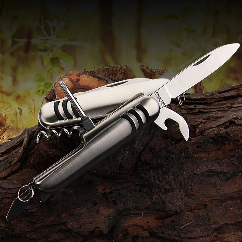 Faca multifuncional dobrável de aço inoxidável 1 unidade – Faca universal para acampamento, frutas e churrasco no estilo do exército suíço