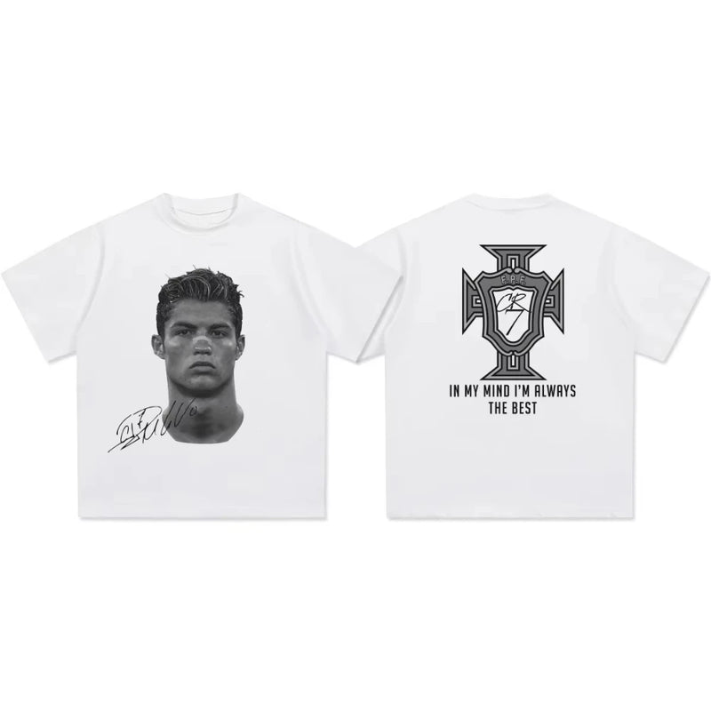 Camiseta Cristiano Ronaldo – Estampa Retrô e Assinatura, Estilo CR7 para Fãs de Futebol